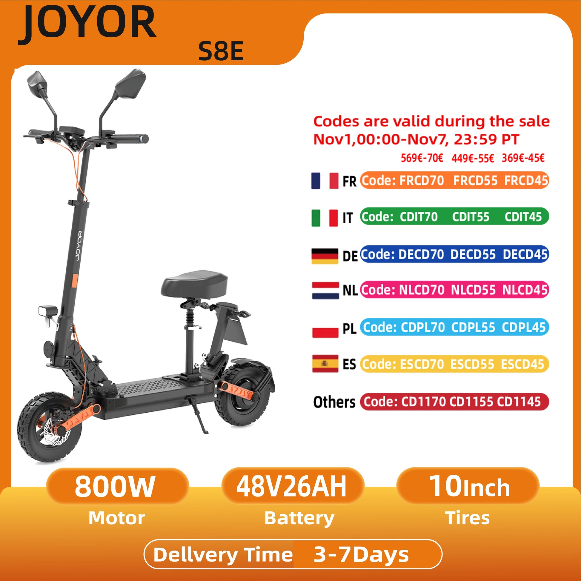 JOYOR S8E Electric Scooter For Adults 800W Motor 48V26AH Battery EScooter 10 Inch Off-road Tires City Commuting E-Scooter.
