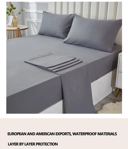 3/4pcs Solid Beding Set, Waterproof Fitted sheet & Bed Sheet & Pillowcases Soft, Queen, KIng, Full, Twin Size, White and Gray.