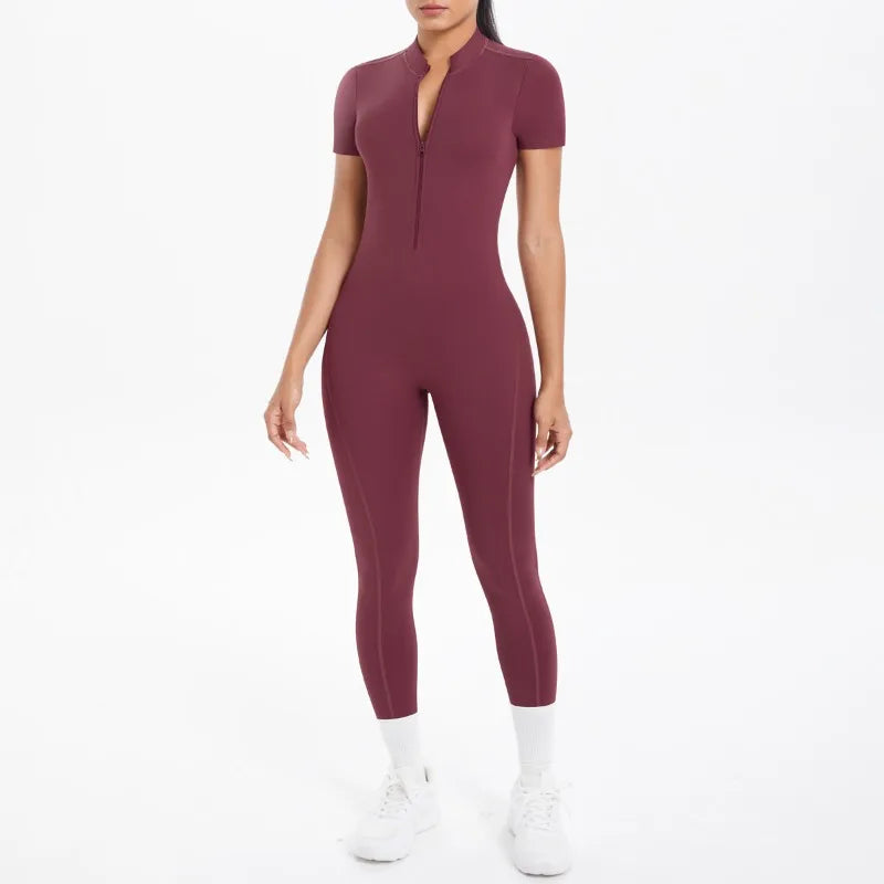 New Women's Yoga Jumpsuit Front Zipper Tight Back Hollow Out Short Sleeve-pants Activewear for Fitness Running Gym Workout