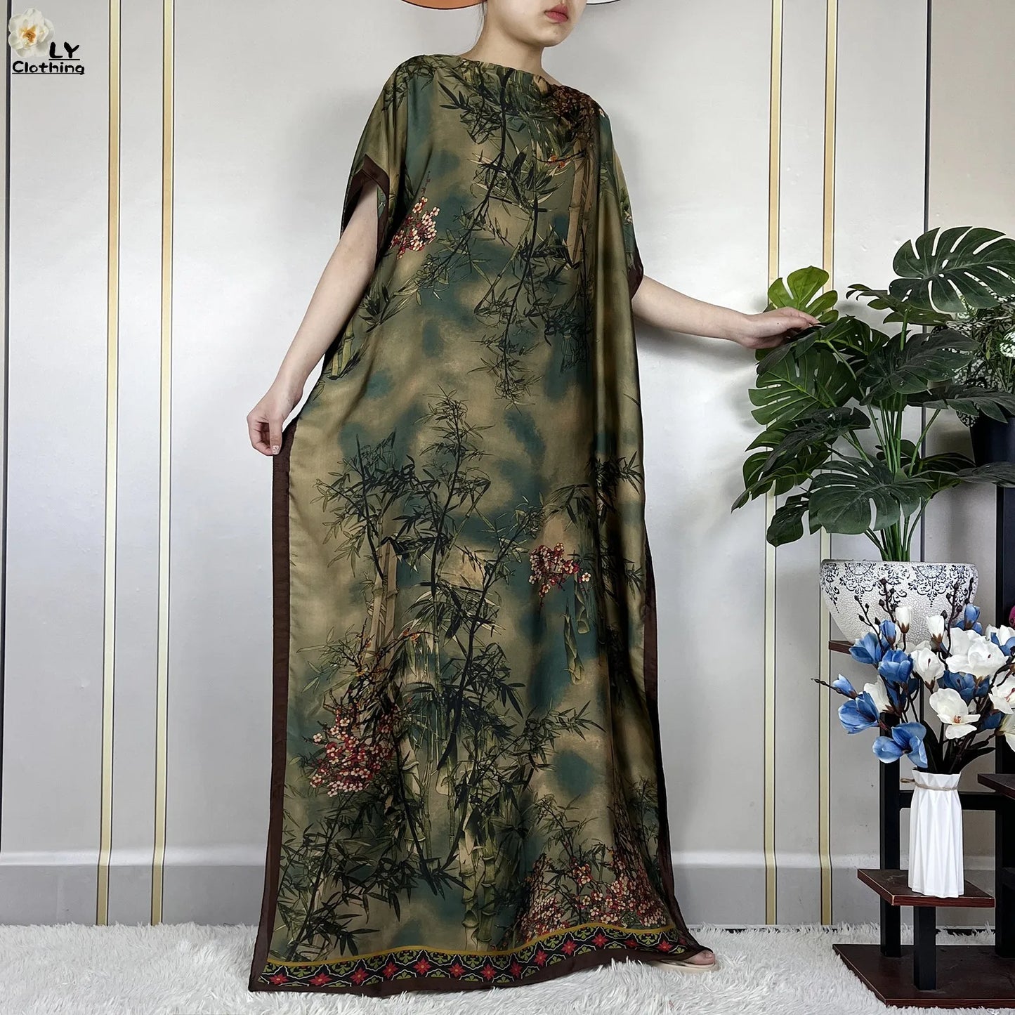 2024 New Dubai Summer Fashion For Women Printed Silk Soft Loose Femme Robe African Islam Maxi Woman Casual Dresses With Turban.