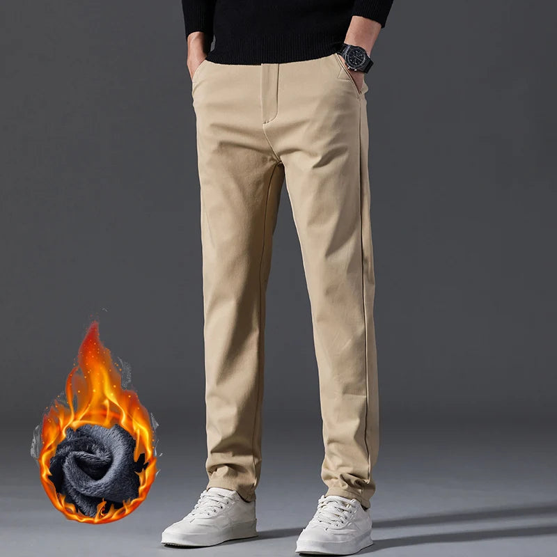 Winter Casual Men Classic Style Business Warm Plush Trousers Regular Thick Fur Pants Male Fleece Elastic Straight Formal Pants.