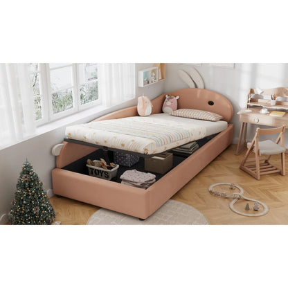 Polsterbett, Einzelbett, Babybett, niedlicher Hasenkopf, hydraulisches Bett mit Stauraum, erhöhter weicher Zaun, Samt, rosa + weiß, 90 x 200 cm