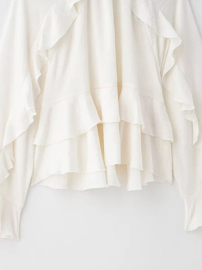 Women's Long Sleeve Ruffled Blouse Stand Collar Chic Fashion Top Elegant Female Shirt.