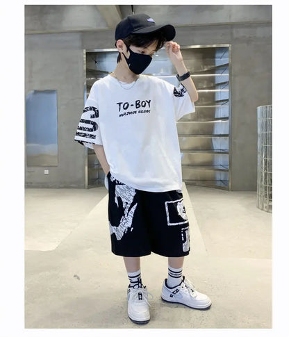 Boys Summer Trendy Casual Sports 2pcs T-shirts+Pants Suits 3-14 Years Teenage Boys Hip Hop Style Fashion Outfits Clothes Sets.