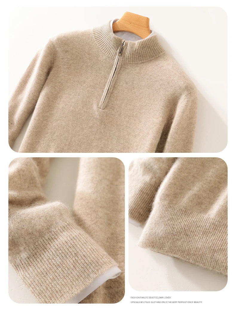 Autumn Winter Men's 100% Merino Wool Sweater Mock Collar Half Zip Knitted Pullover Cashmere Sweatshirt Casual Long Sleeved Tops.