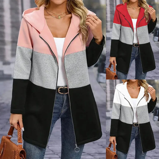 Frauen Casual Jacke Kosten Frühling Mode Lose Kontrast Farbe Drei Farbe Spleißen Kapuze Jacke Zipper Tops Frauen Kleidung