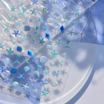 Ocean Theme 5D Nail Sticker Summer Beach Seashells Starfish Conch Scallop Shell Coral Self Adhesive Decoration Manicure Decal