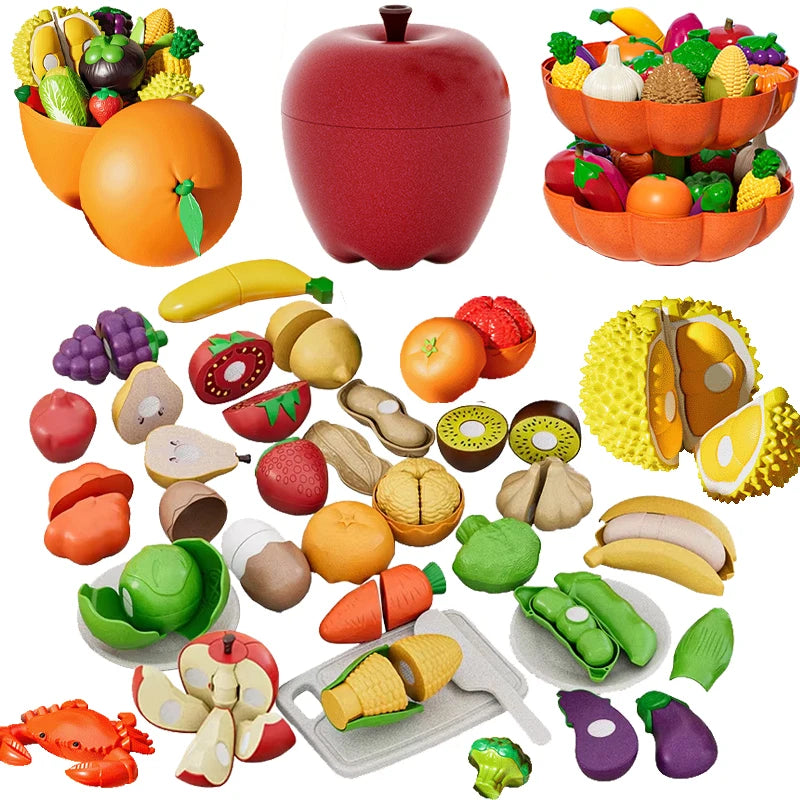 Kid Pretend Play Kitchen Toy Set Simulation Cut Fruit Vegetables Sensory Game Make Pizza Food Cook Girl Interactive Education To.