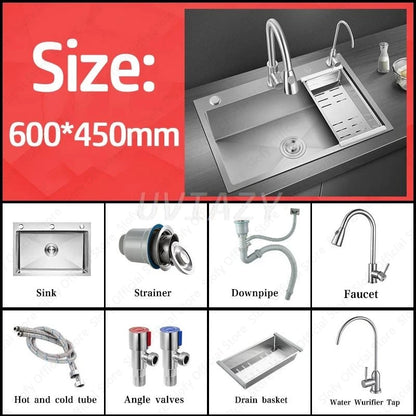 Handgefertigtes silbernes Küchenspülbecken aus Edelstahl 304, herunterziehend, Einzelschüssel-Waschbecken mit Abflussset