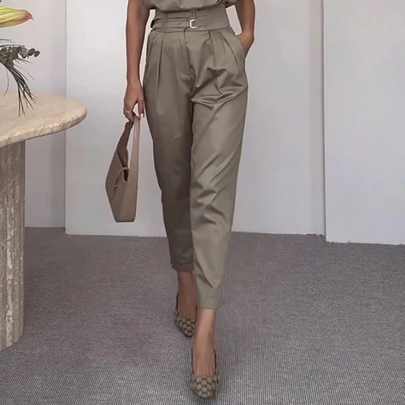 Spring Summer New Women's Clothing Personalized Shoulder Slimming Waist-Slimming Belt Decoration Blouse Top Pants Set.