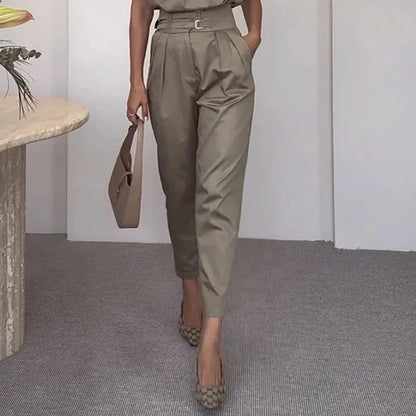 Spring Summer New Women's Clothing Personalized Shoulder Slimming Waist-Slimming Belt Decoration Blouse Top Pants Set.