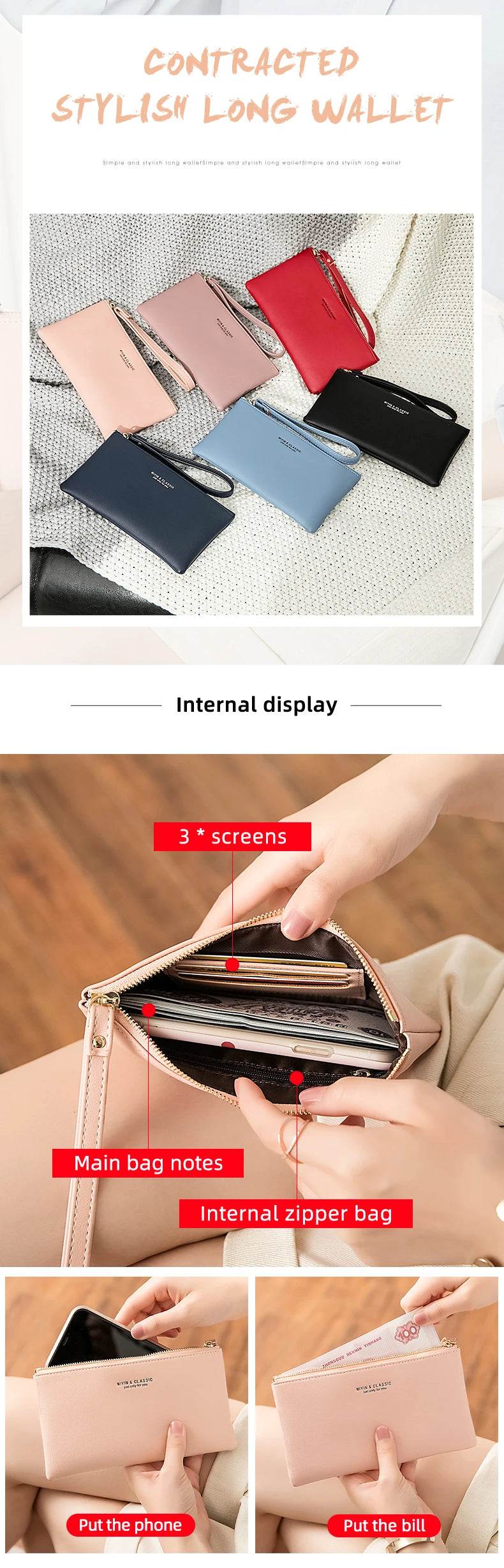 Simple Solid Color Thin Long Wallet PU Leather Large Capacity Zipper Wallet Classic Fashion Womens Handbag Can Hold Mobile Phone.