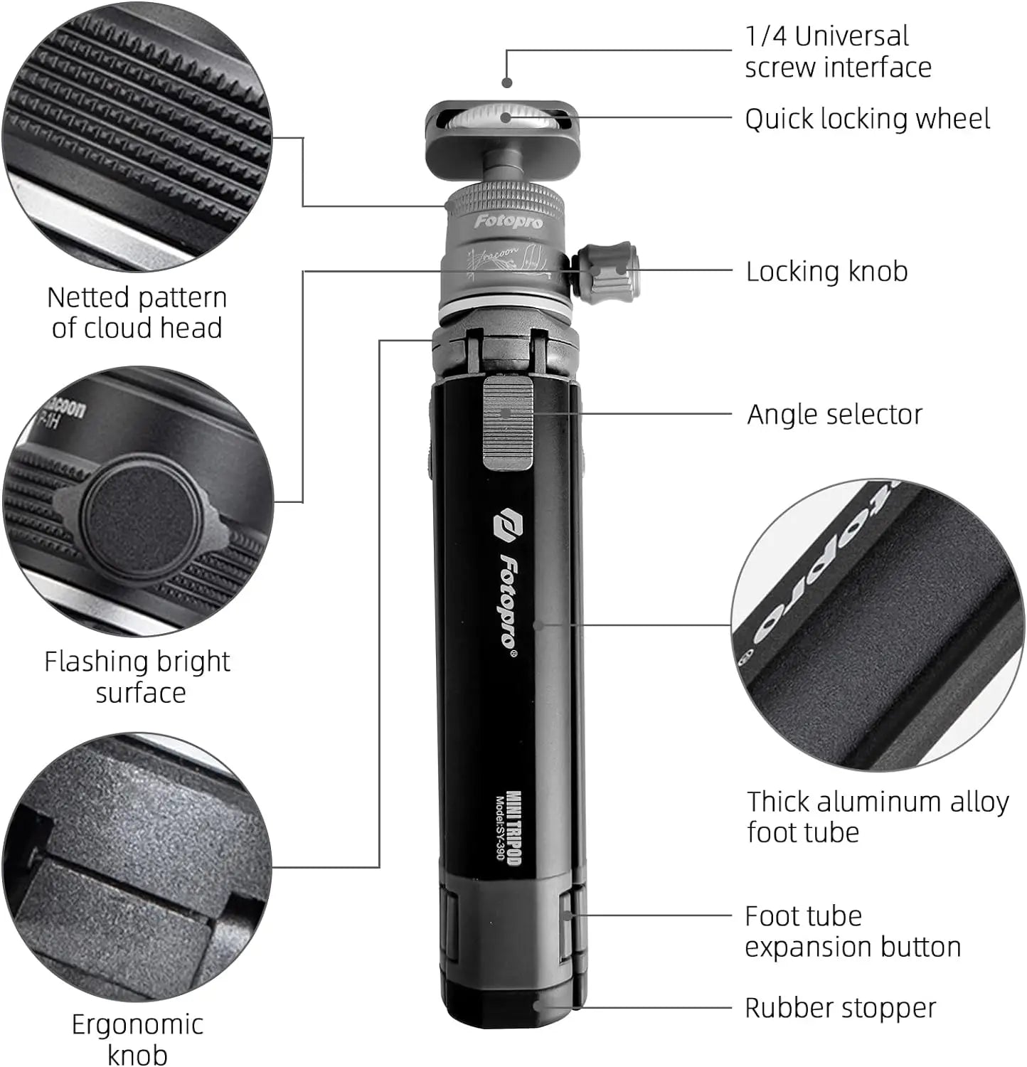 Fotopro Desktop Mini Tripod, Aluminum Alloy Compact Camera Tripod with Ball Head 1/4 Inch Screw for Phone DSLR.