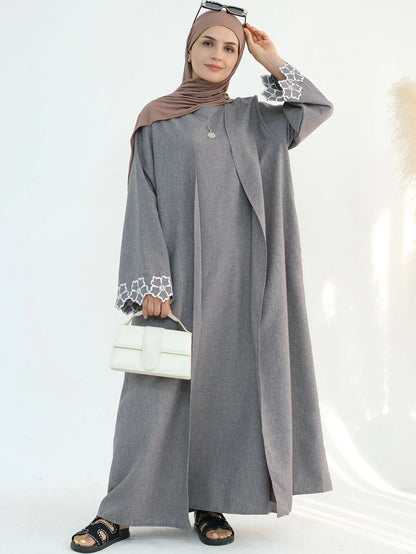 Chic Coffee Color Outer Piece Abaya Geometric Cuff Embroidery Ideal Modern Muslim Women Suitable for Daily/Semi formal Occasion.