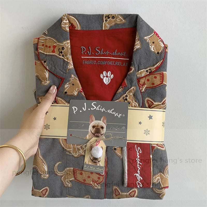 Black Cartoon Sleepwear Long Sleeve Top Pant Soft Cotton Pajamas Suit 2Pcs Embroider Letter Homewear Lady Autumn Loungewear.