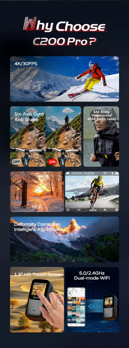 SJCAM C200 Pro 4K Action Camera with Portable Body 5M Waterproof FHD 6-Axis GYRO Video Body 5G WiFi Night Vision Sports DV.