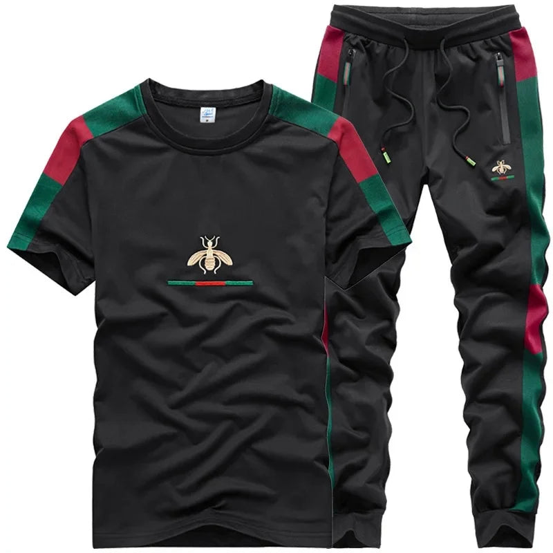 Casual Embroidered Short Sleeve Long Pants Set round Neck Two Piece Set Men's Fashionable Korean Style Spring Autumn Wear.