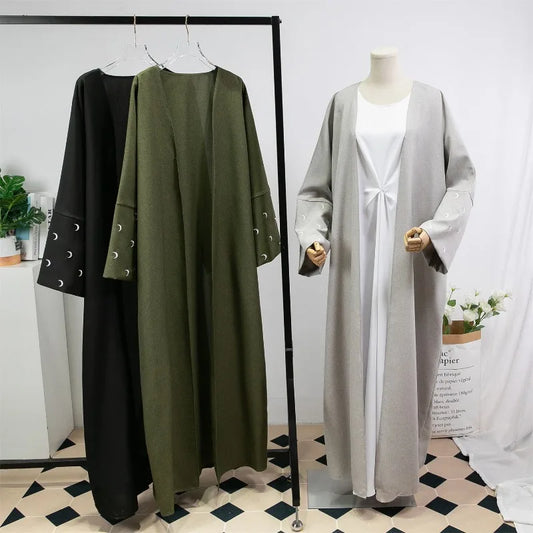 Lose Kaftan muslimischen Abayas Frauen islamische Kleidung Mond Stickerei offene Front Abaya Langarm Maxi Länge Kleid Frauen Jilbabs