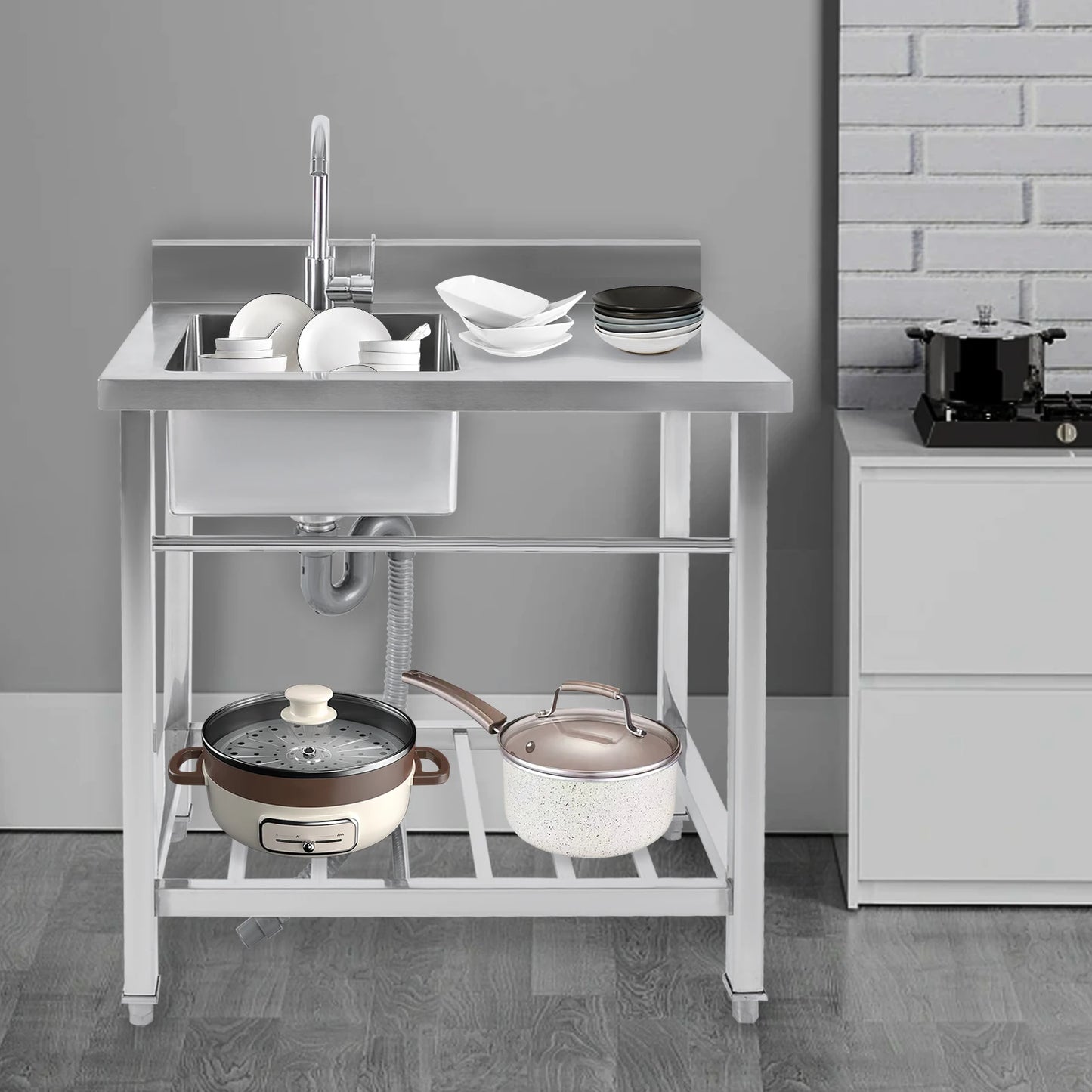 Edelstahl-Küchenspüle, freistehende Einzelschüssel-Werkbank für den Außenbereich, quadratische Küchenspülen, Tragfähigkeit 100 kg