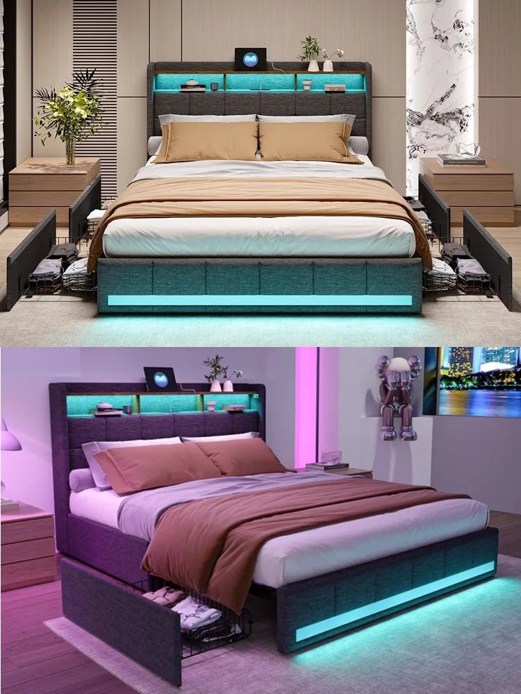 Creahappy Twin-Bettgestell – Polsterbett in Grau – mit USB-Ladeanschluss – mit LED-Beleuchtung – Aufbewahrungsschubladen auf beiden Seiten