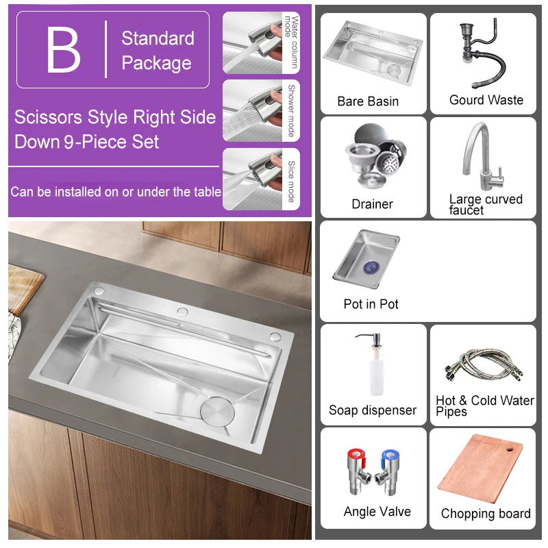 304 Stainless Steel Kitchen Sink Silver Embossed Large Single Slot Home Improvement Multifunction Wash Basin For Kitchen