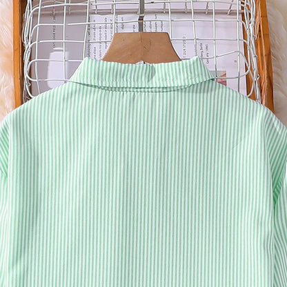 Spring Hot Sale Kids Outfit 4-12 Years Girls Striped Long Sleeve Chemise + Casual Loose Straight Leg Pants Shirt Suit 2Pcs Set