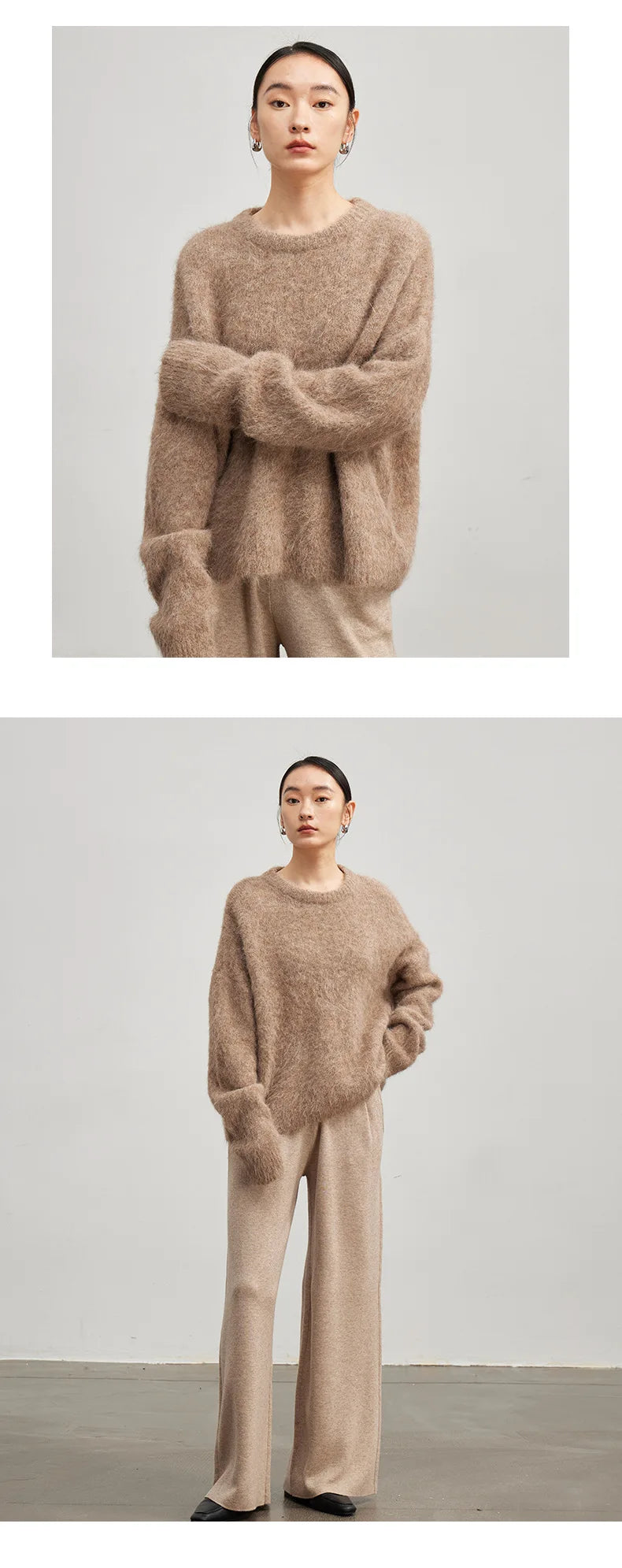 SuyaDream Warm Alpaca Pullovers for Woman, Dropped Sleeved Loose Sweaters, 2025 Fall Winter Top, Camel, Beige.