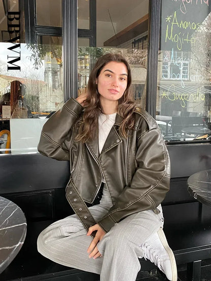 Traf Frauen übergroße Vintage lose Pu Kunstleder kurze Jacke mit Gürtel Streetwear weiblichen Reiß verschluss Retro Moto Biker Mantel Outwear.