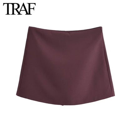 TRAF Shorts for Women Fashion Autumn Winter New Comfortable Casual Solid Color Side Zip Middle-waisted A-line Culotte Skirt Pant.