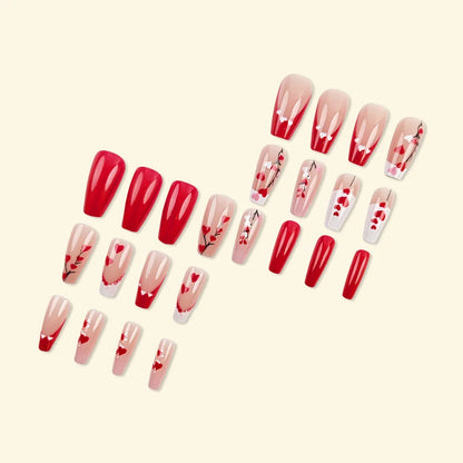 24pcs/set Medium long square fake nails for women girls cute heart flowers feather butterfly design press on false nail art tips.