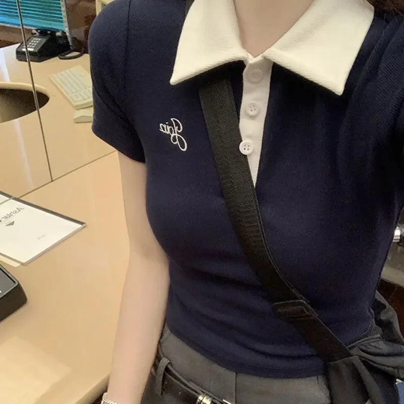 Slim Fit Short Sleeve Polo Neck T-Shirt Women's Sweet And Spicy Design Sensation Small Audience AE Stockpile Brand.