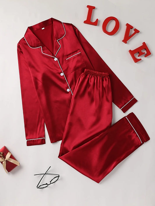 Solides Pyjama-Set mit langen Ärmeln, Knopfleiste, Revers, Oberteil und Hose, Pyjama-Set, Damen-Nachtwäsche und Loungewear