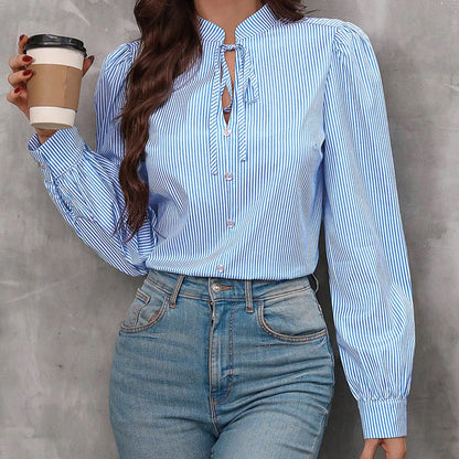 New Fashion Women's Color-coded Striped Casual Trendy Loose Single-breasted Pullover Long Sleeve Shirts Female Clothes T-shirts.