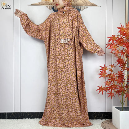 New Muslim Long Sleeved Cotton For Women Ramadan Prayer Turkey Middle East Femme Robe Floral Loose African Abaya Dress Scarfs.