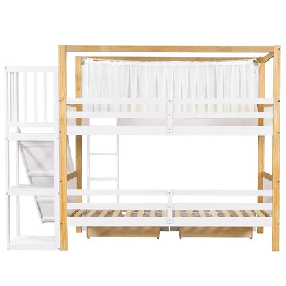 KOMHTOM Kinderetagenbett mit 2 Schubladen (mit Rollen), Kinderrutsche, 90x200cm