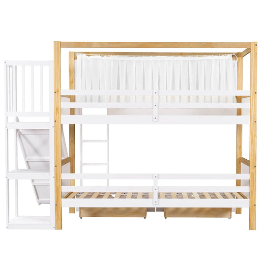 KOMHTOM Kinderetagenbett mit 2 Schubladen (mit Rollen), Kinderrutsche, 90x200cm