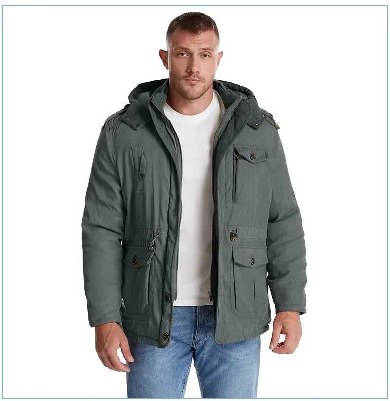 Men's Jacket WINTER USA SIZE Large SIZE Lamb Fleece JACKETS Hooded Cotton Thickened Multi Pocket Casual Mid length Coat