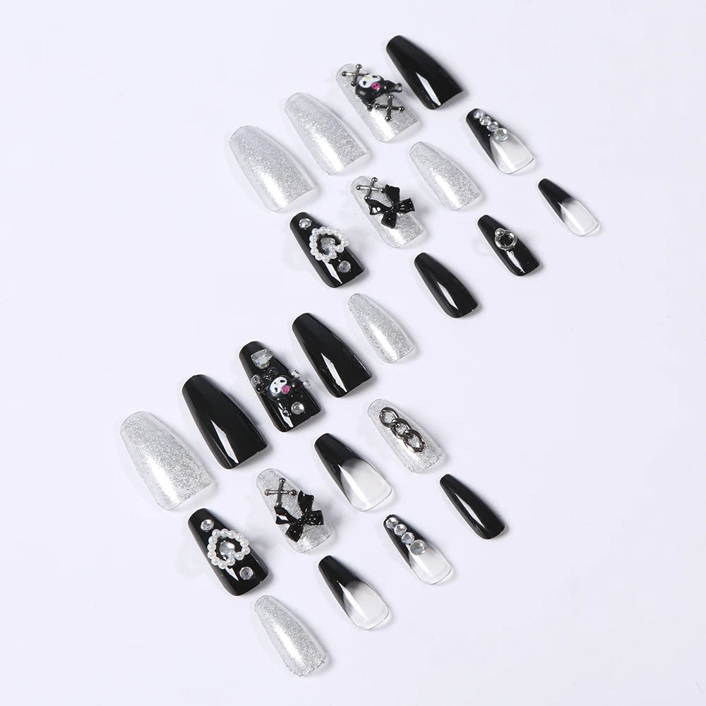 24Pcs 3D kuromi press on nails Y2K Cartoon Handmade Fake Nails Black Gel nail Wearable Nails Cinnamoroll Melody Anime False Nail.