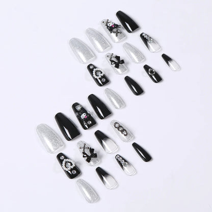 24Pcs 3D kuromi press on nails Y2K Cartoon Handmade Fake Nails Black Gel nail Wearable Nails Cinnamoroll Melody Anime False Nail.