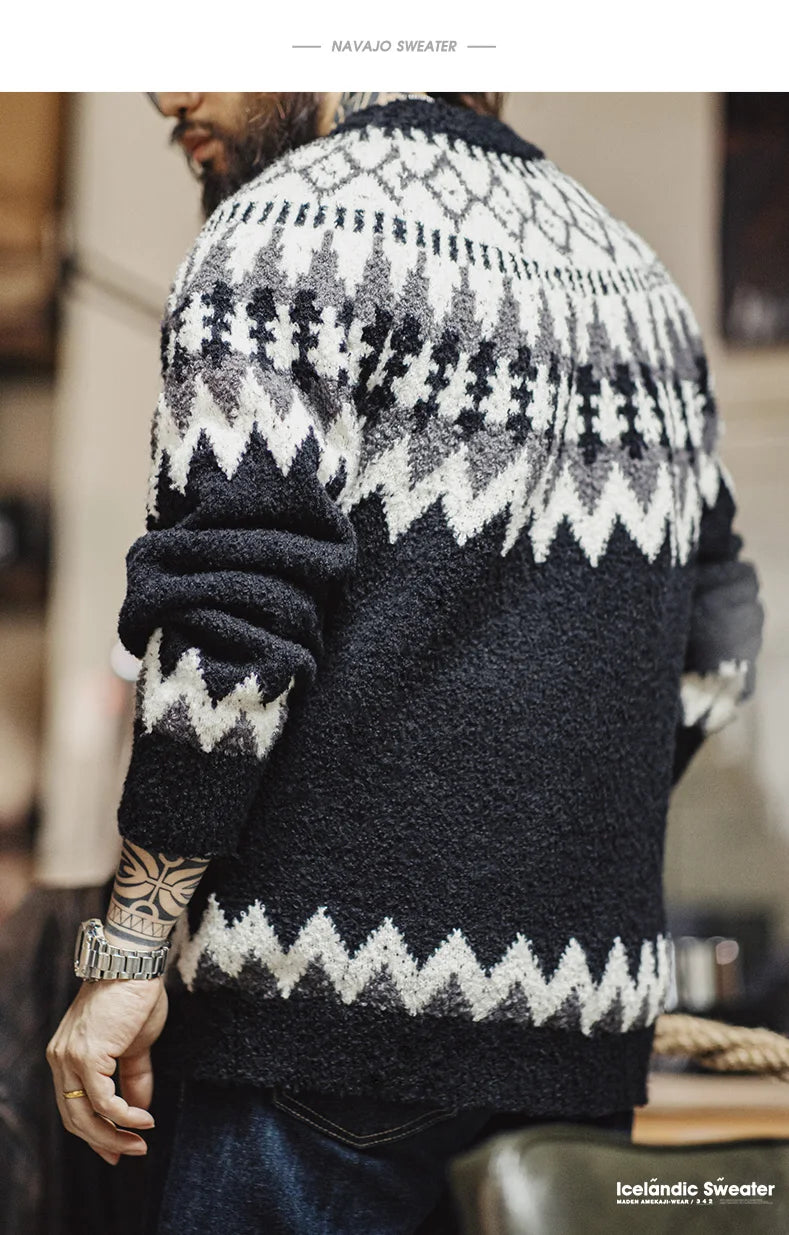 Maden Vintage Heavyweight Fair Isle Icelandic Sweater Round Neck Jacquard Bottom Knitwear Thickened Warm Pullovers for Christmas.