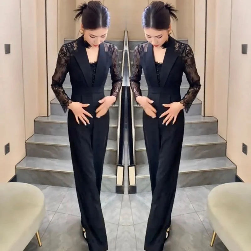 BESTBAFU Sexy Lace Patchwork Sheer Jumpsuit Women  Spring Elegant Office Formal Outfit Black High Waist Wide Leg Romper 126P.