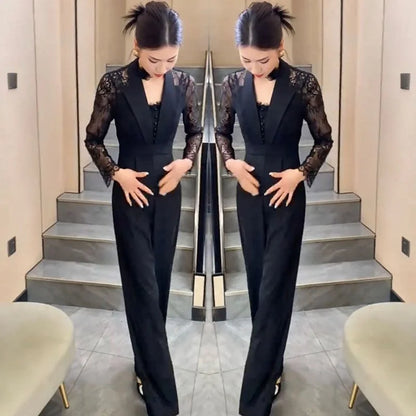 BESTBAFU Sexy Lace Patchwork Sheer Jumpsuit Women  Spring Elegant Office Formal Outfit Black High Waist Wide Leg Romper 126P.
