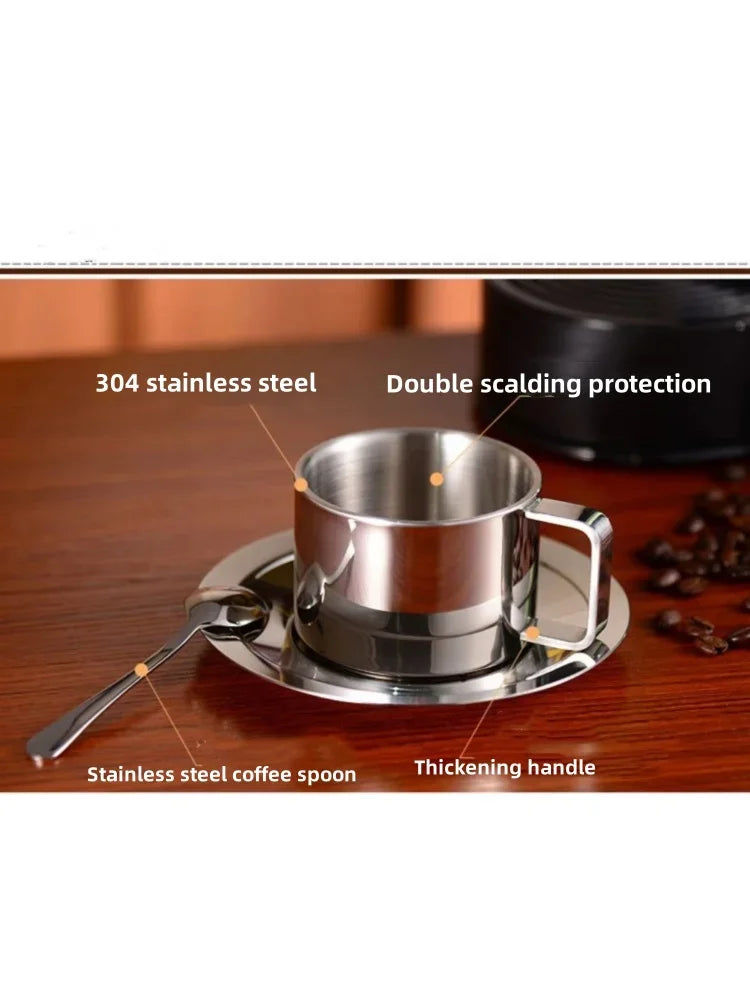 1Set Stainless Steel Coffee Cup Set Double Walled Heat Resistant Mug with Saucer Spoon Drink Tableware Kitchen Cafe Accessories.