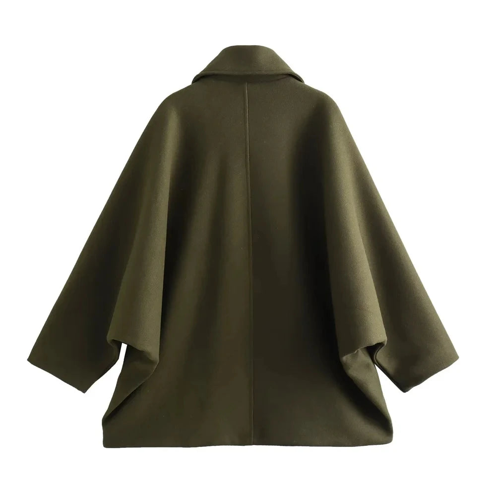 ZBZA Damen Schräge Knopf Lose Fledermausärmel Jacke Mantel Revers Langarm Doppeltasche Warm Solide Farbe Vintage Oberbekleidung Herbst Winter Neue Weibliche Chic Mantel