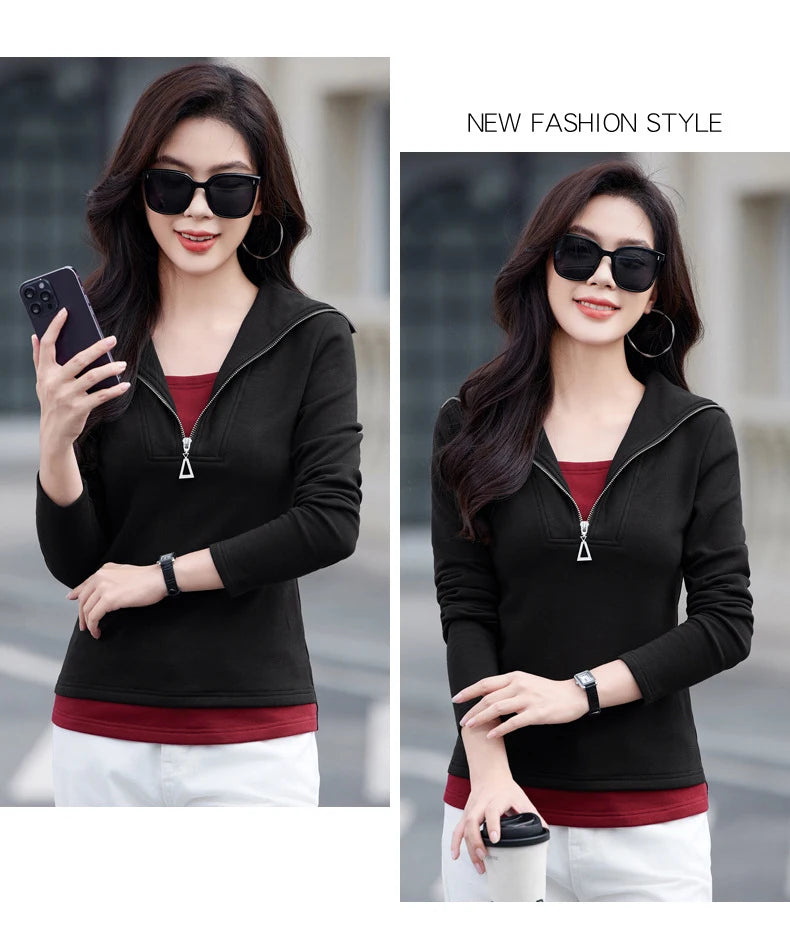 Fake two long sleeved T-shirts for women in autumn and winter, new fashionable plus size color blocked warm zipper lapel top