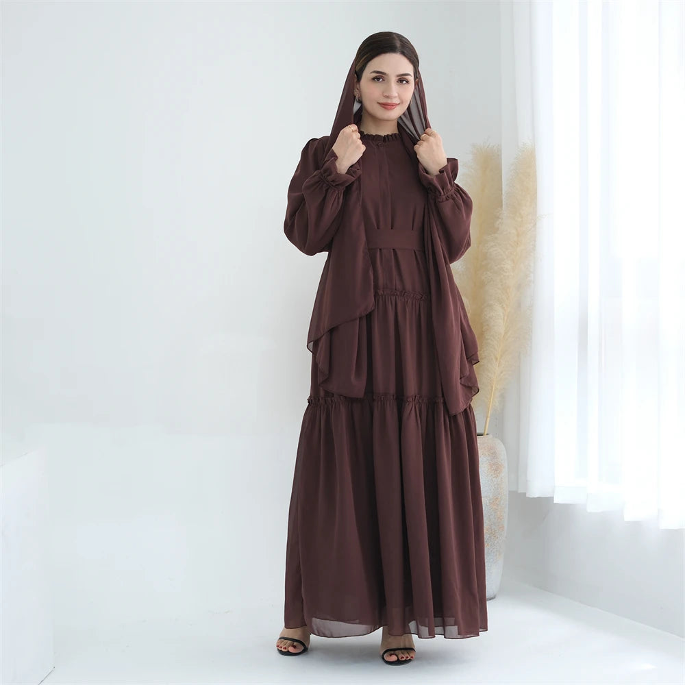 Ramadan Eid Chiffon Muslim Modest Khimar Abaya Set Dubai Turkey Islam Dress Abayas For Women Kebaya Kaftan Robe Femme Musulmane