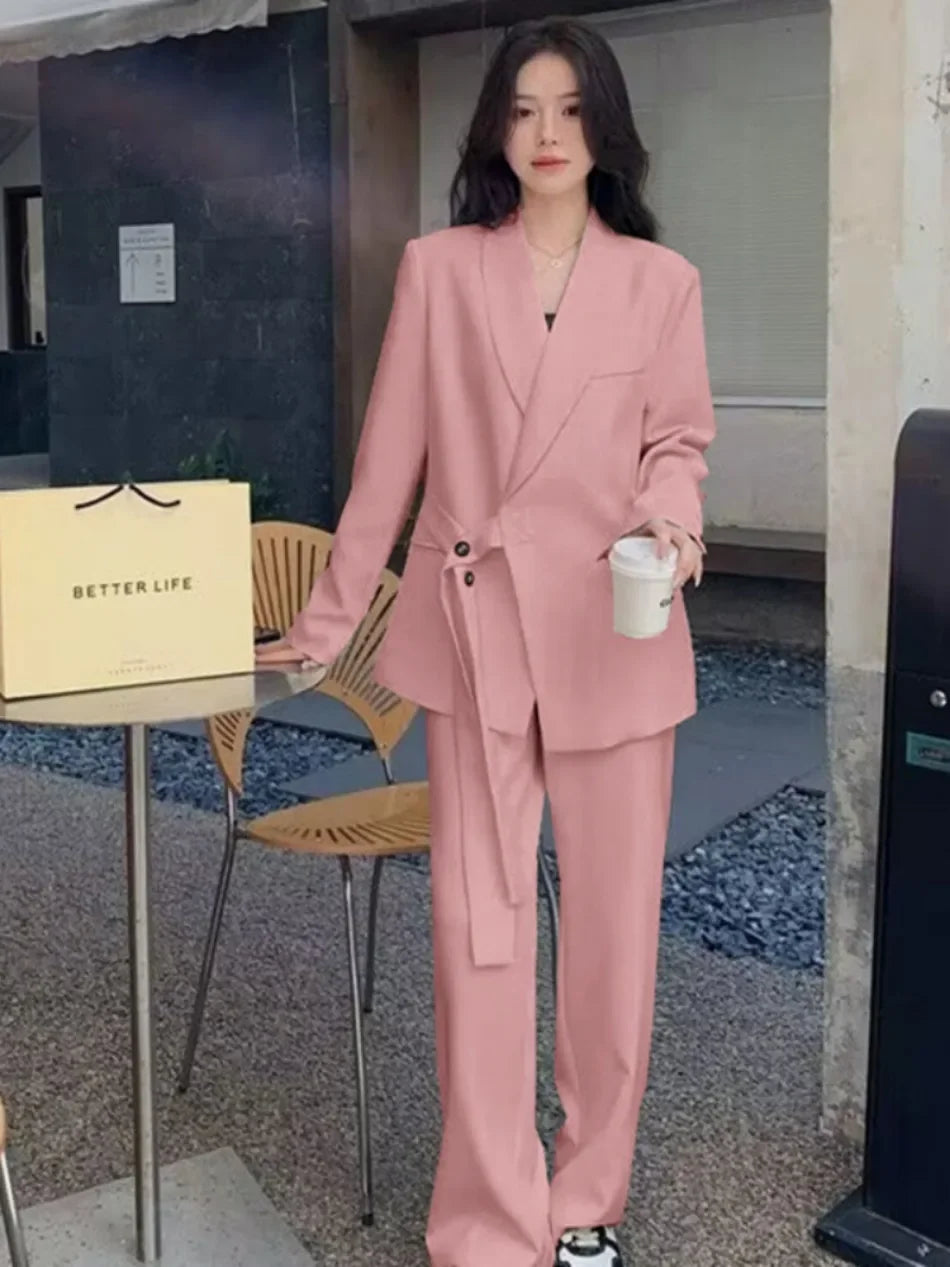 Women's Fashion Office Suit Set Casual Oversized Blazer And Wide Leg Pants Two-Piece Long Sleeve Top Bottoms Combo.