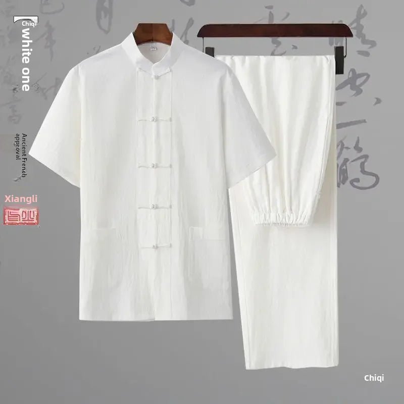 Traditional Chinese Men's Tang Suit Cotton Linen Ancient Costume Tea Servant Zen Meditation Clothing Middle Mountain Hanfu