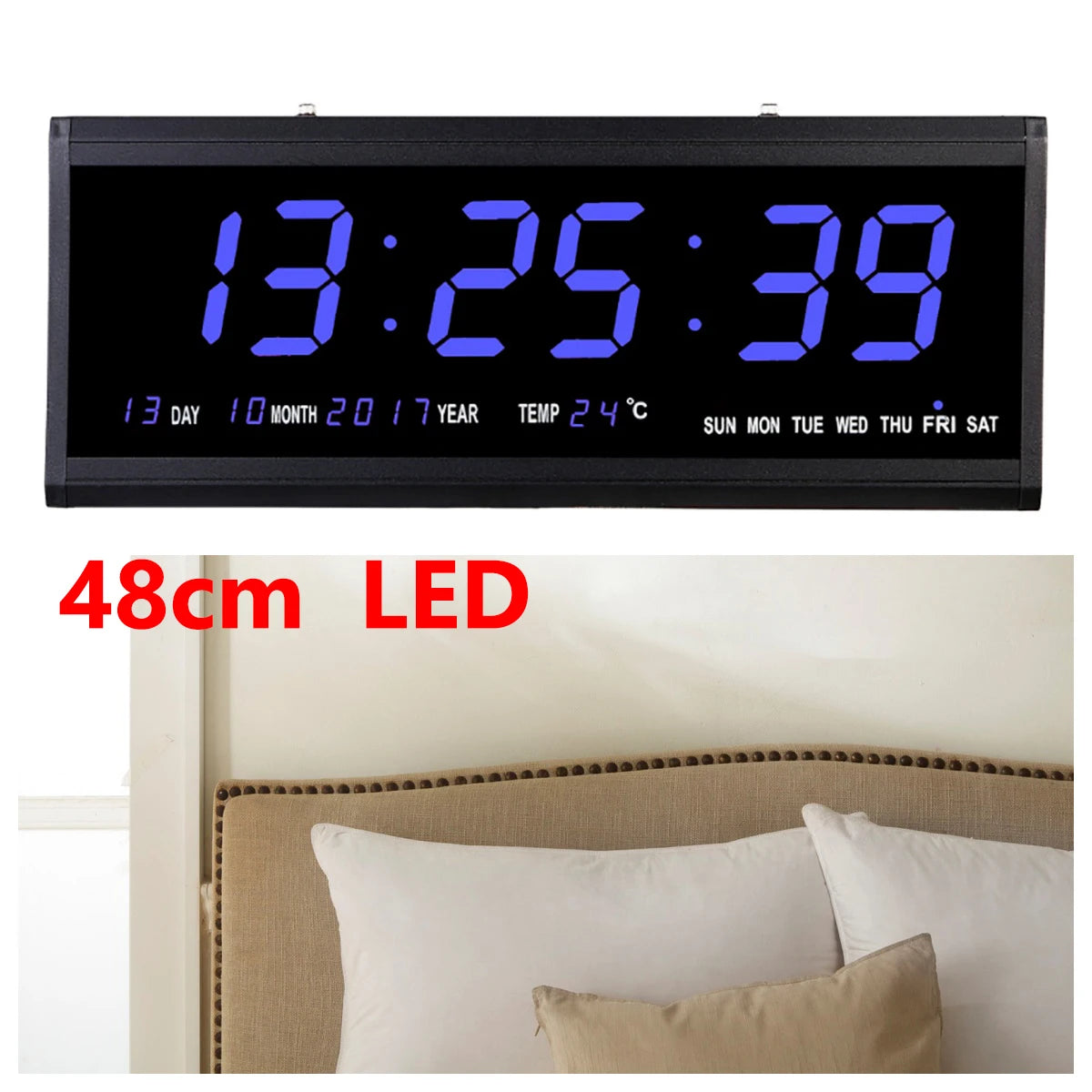 Übergroße digitale LED-Wanduhr – steckbar, automatischer Dimmer, großer Kalender und Thermometer (blau schwarz)