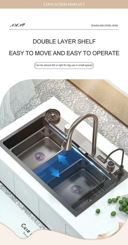 Waterfall Sink Kitchen Stainless Steel Topmount Sink Large Single Slot Wash Basin With Multifunction Touch Waterfall Faucet